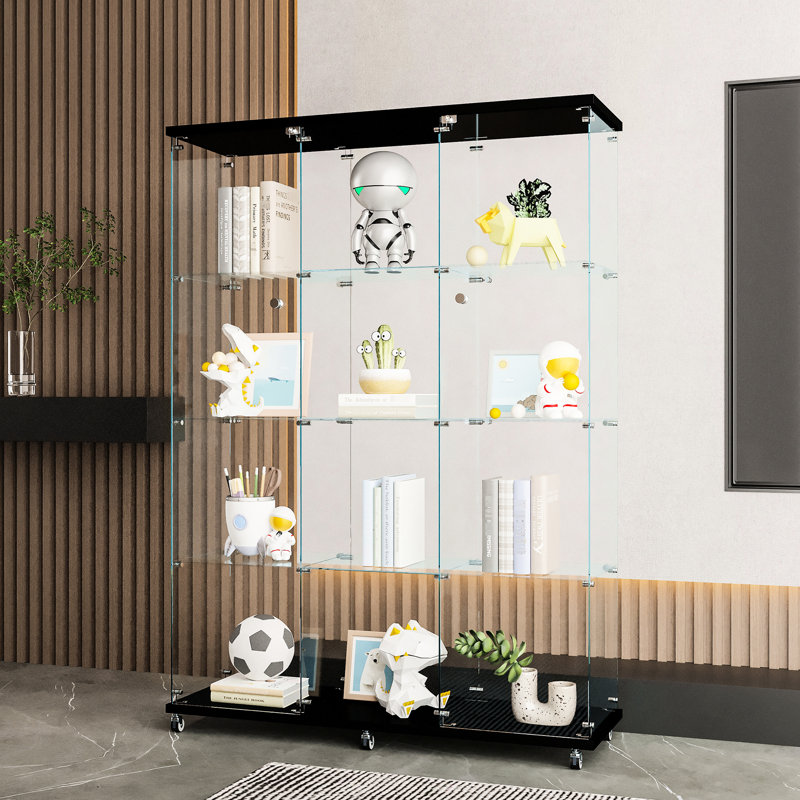 Très grande vitrine en verre noire à 4 tablettes pour un usage domestique, pouvant accueillir des figurines, du vin, du whisky, du verre trempé de 5 mm, un cadre en bois massif, une poignée de chambre à coucher en métal, une armoire et un rivet