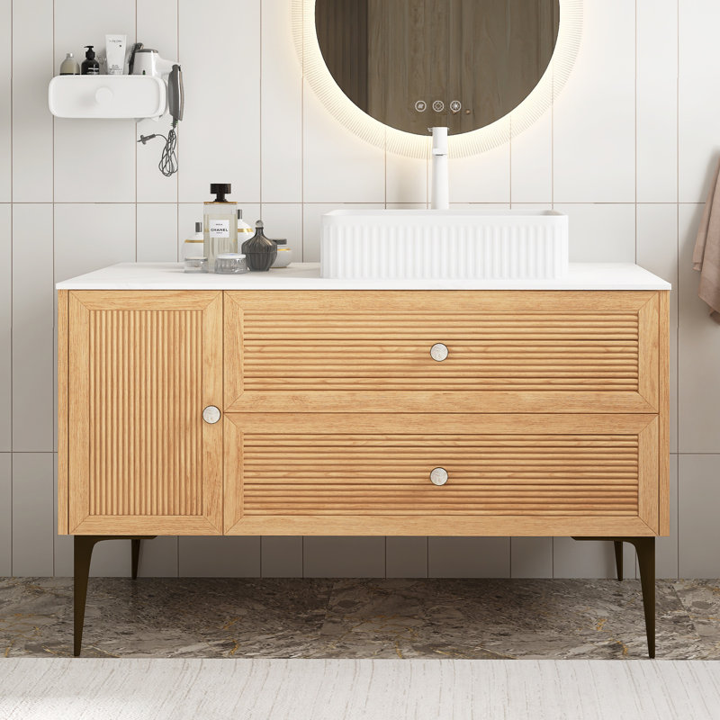 Meuble-lavabo de salle de bain autoportant en contreplaqué pré-assemblé avec lavabo rectangulaire en céramique blanc avec plateau en grain de bois de chêne