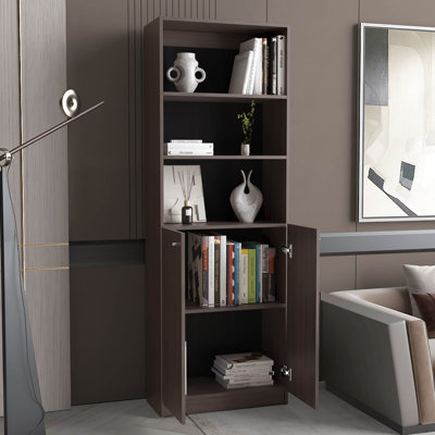 Bibliothèque Home 2 portes avec deux tablettes ouvertes et rangement dissimulé