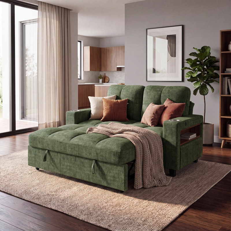 Canapé-lit 58,7 po en chenille avec lit escamotable, accoudoirs de rangement, porte-gobelets, ports USB et Type-C, vert