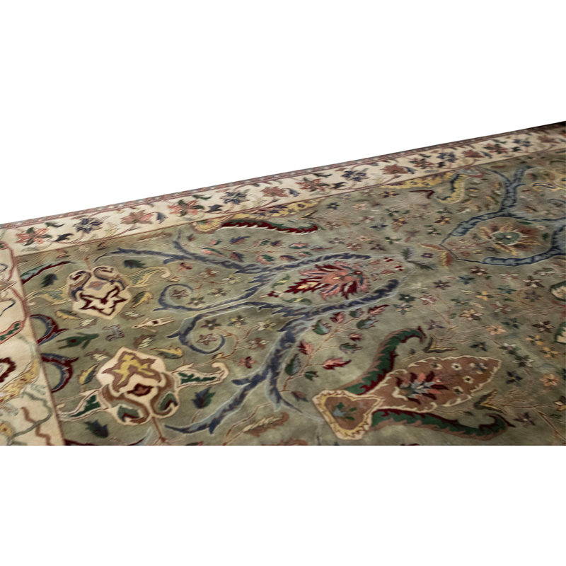 Hand Knotted Wool Oriental Area Rug in Green And Ivory