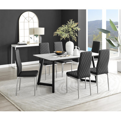 Industrial Design White & Grey Marble Effect Melamine Dining Table Set with 6 Faux Leather Chairs