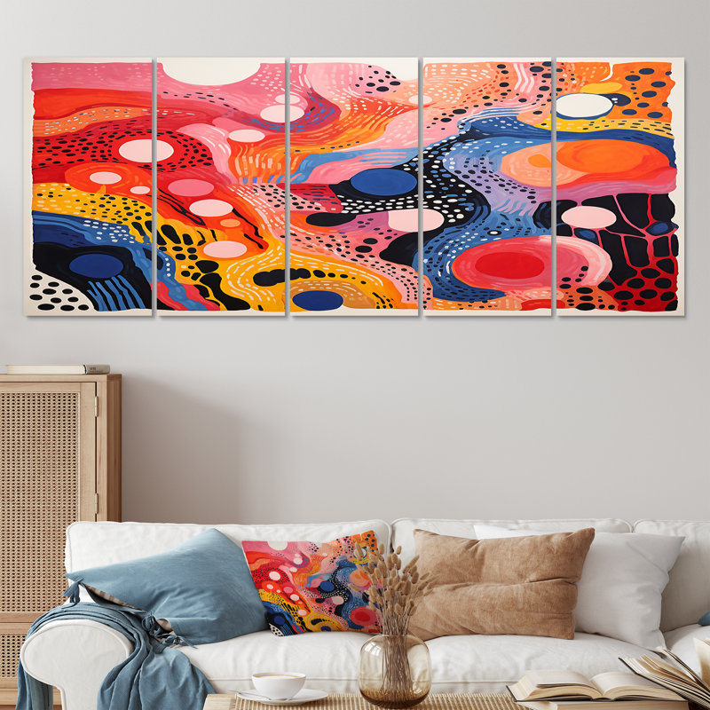 "Bubble Colorfields", couleurs primaires rétro - vagues fractales, art mural 5 pièces, H 28 po x l 60 po