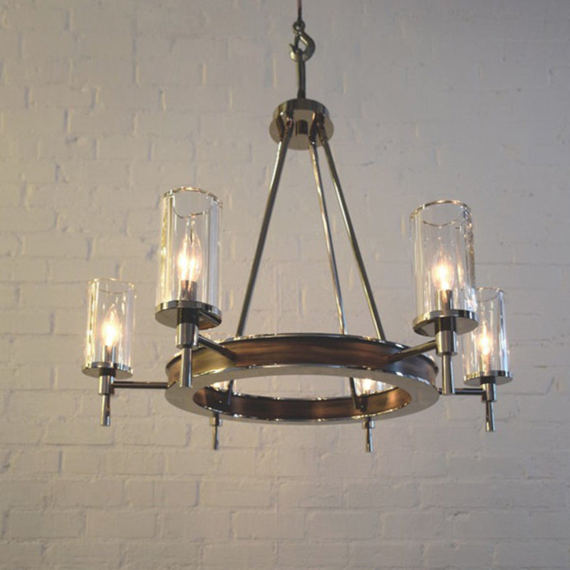 6 - Light Chandelier, 28" H x 32" W x 32" D, Polish Nickel/American Walnut, Clear