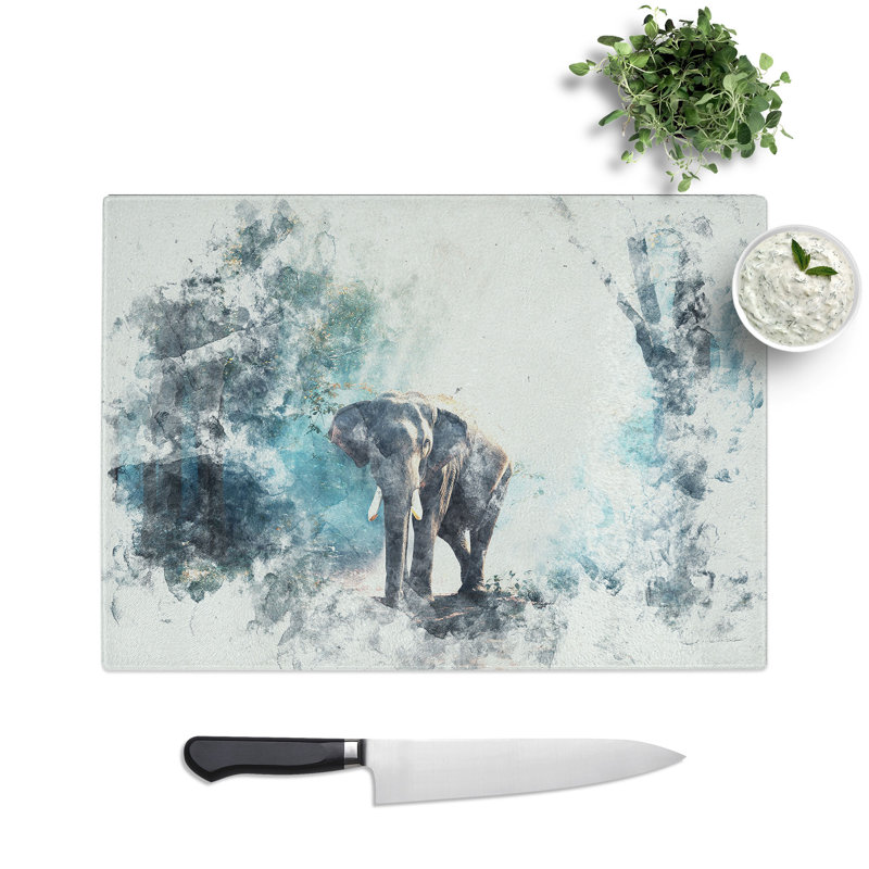 Tempered Glass Elephant Roaming in a Green Forest Chopping Board, 28.5 cm x 39 cm
