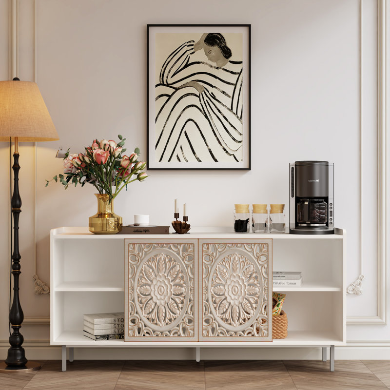 Buffet Mid-Century, Blanc, H 28 po x l 58,6 po x P 15,7 po