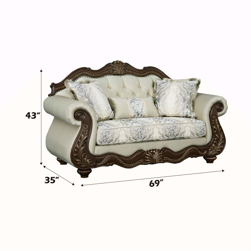 Causeuse Pierce en tissu beige et cerisier avec 3 coussins