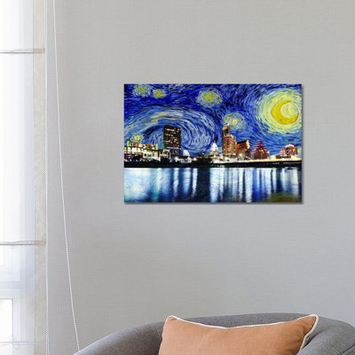 Austin, Texas Starry Night Skyline - Wrapped Canvas Painting