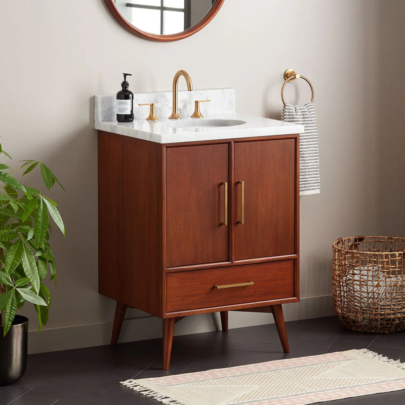 Ensemble de meuble-lavabo simple 24 po avec lavabo encastré ovale Novak, Teck naturel / l 25 po, 8 po, Marbre de Carrare