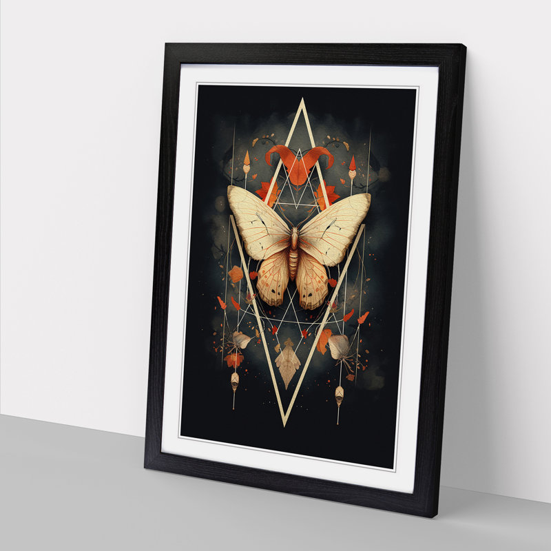Moth Geometric No.3 - Single Picture Frame Print on Wood, Black, 64cm H x 46cm W x 2cm D