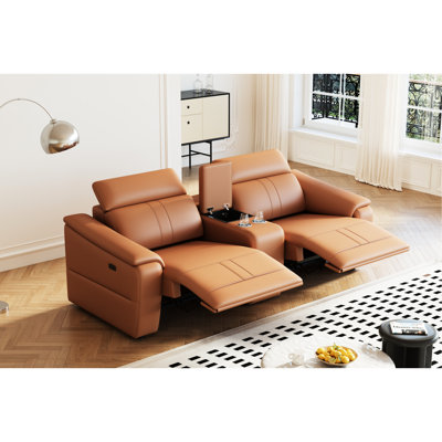 Cuir brun modulaire 3 avec 2 porte-gobelets et fauteuil inclinable électrique, canapé modulaire confortable pour les petits espaces de vie, conception moderne, éponge haute respirante, espace de rangement intégré, espaces design,