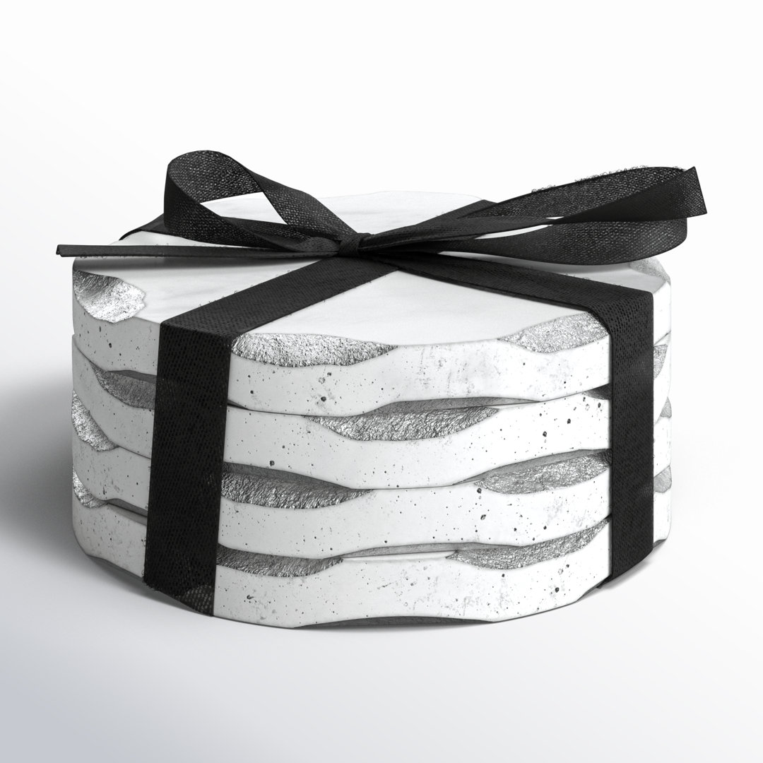 Edica Marquise Raw Edge Marble Coaster Set (Set of 4) Millwood Pines Color: White/Silver