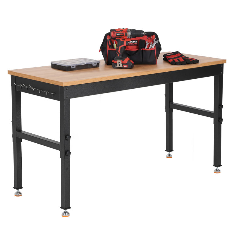 Établi de garage robuste avec plateau en bois franc et structure en acier, table de travail réglable d'une capacité de 2 200 lb avec multiprise pour atelier et bureau, 72 po x 24 po