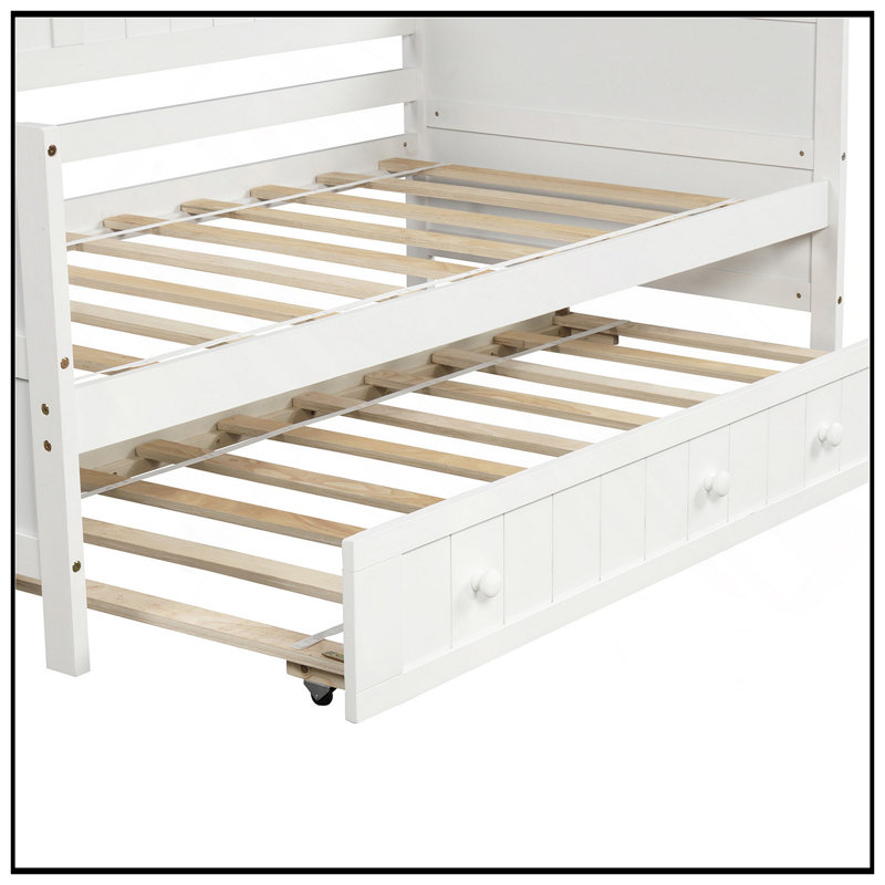 Twin Wooden Daybed With Trundle, Sofa Bed For Bedroom And Living Room, Durable And Space-Saving Design, White