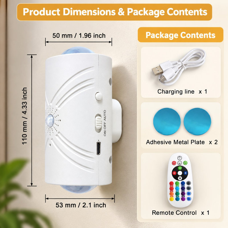 Motion activation controls this rechargeable battery-powered wireless LED wall sconce, while 16-Color remote adjustment, dimming, and a magnetic lamp design support use in hallways, bathrooms, bedrooms, and living rooms.