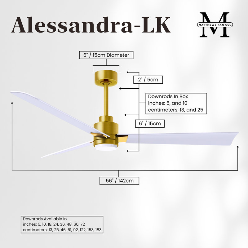 Alessandra - Three Blade Transitional Ceiling Fan -LED, Matte White, Brushed Brass, 56"