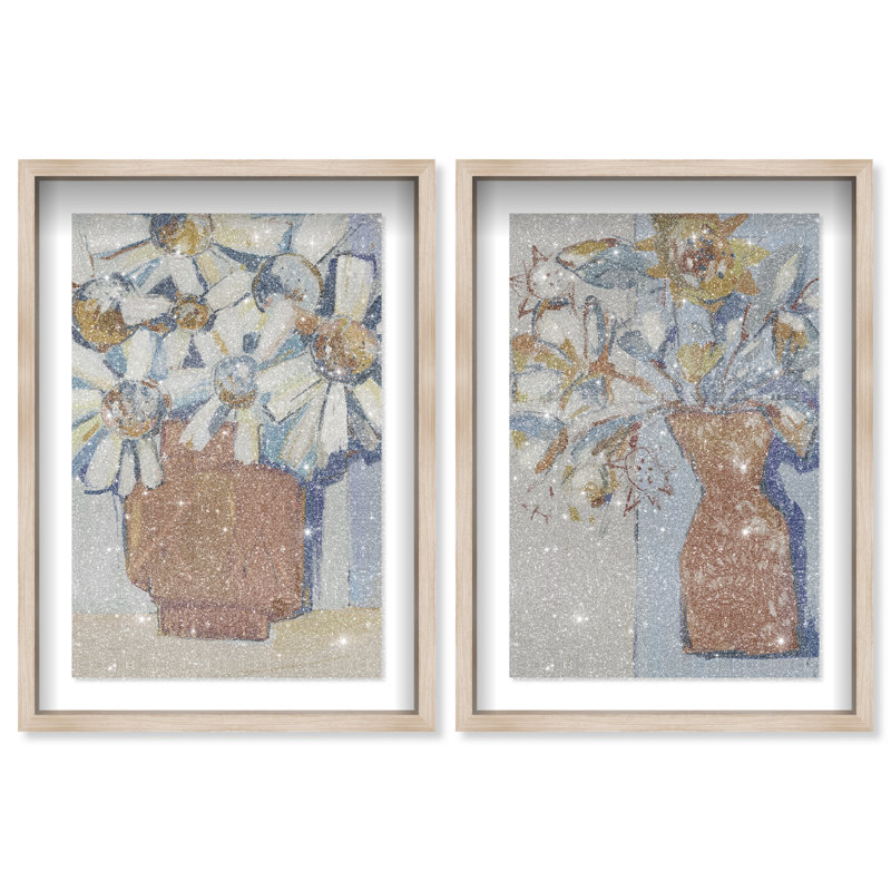 Abstract Flowers Set Shadowbox Abstract Print by Oliver Gal, Black Frame, 10 x 15, 46.5" H x 31.5" W, Natural Oak Shadowbox