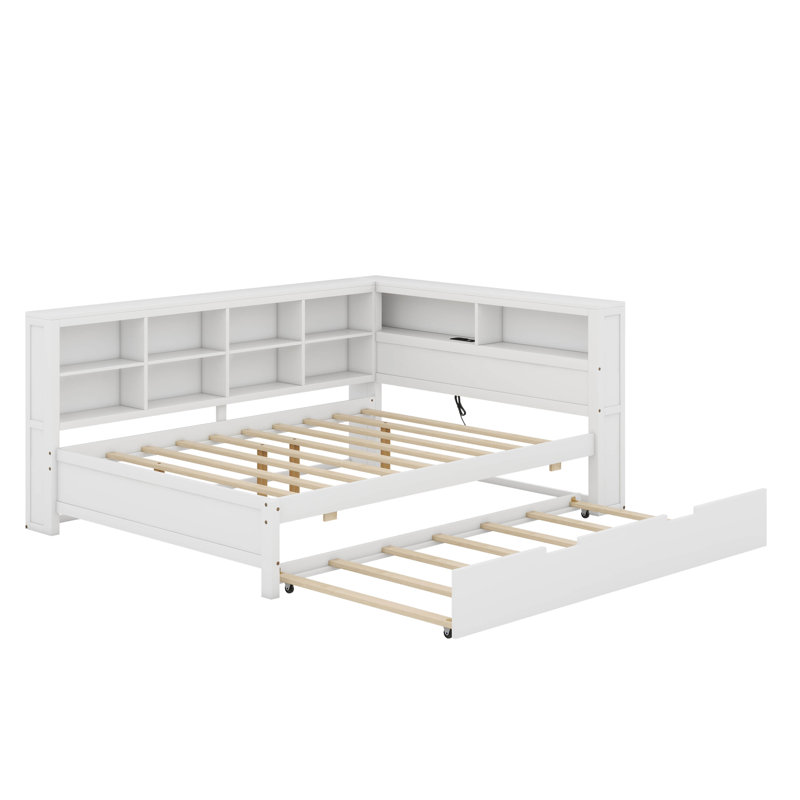 Lit de jour double en bois avec couchette, tablette de rangement et ports de chargement USB, Blanc