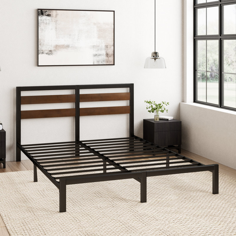 Alexee Modern Metal Bed frame with Bamboo slatted Headboard, UK Double (135 x 190 cm)