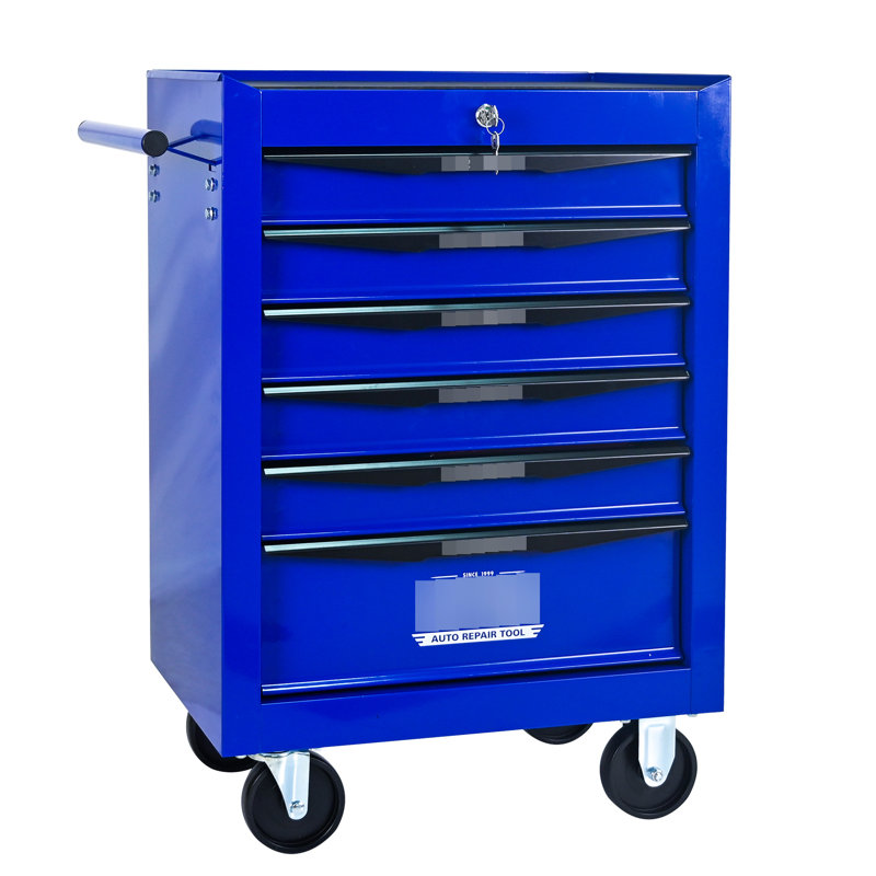 Armoire 6 coffres à outils, acier noir et bleu de 20 po, glissières de tiroir à roulement, 4 roues, verrouillable, chariot d'atelier à poignée à tirer, matériau en acier, + bleu, tiroirs, conception verrouillable