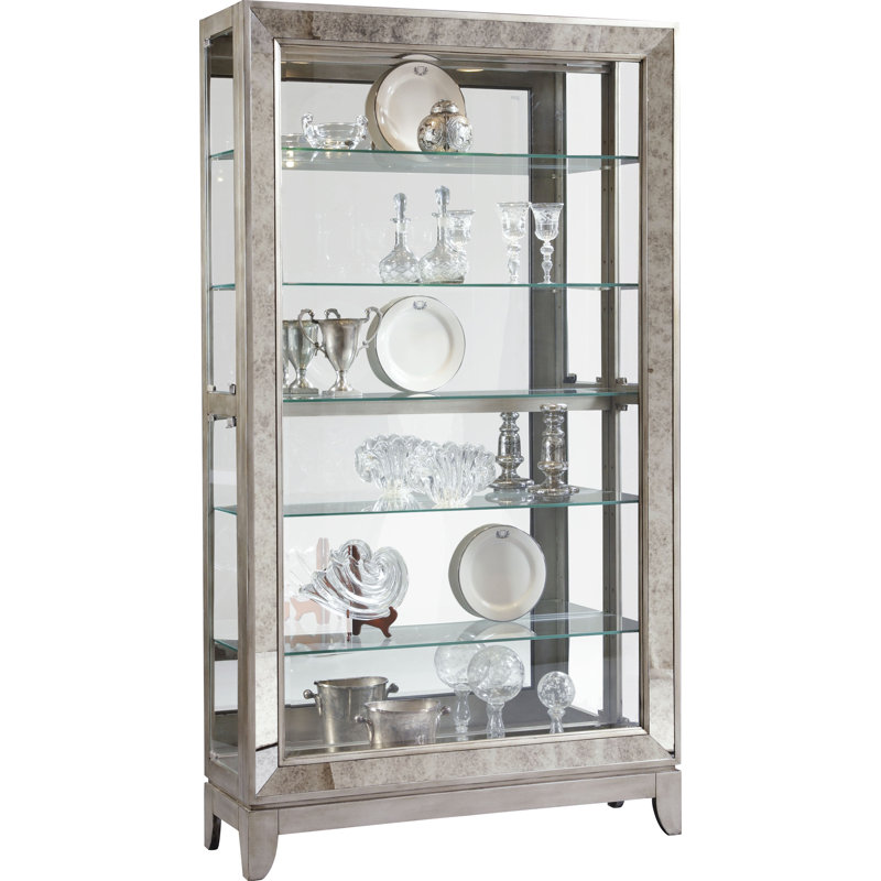 Aged Silver Lighted 5-Shelf Curio Cabinet with Poplar Wood Legs