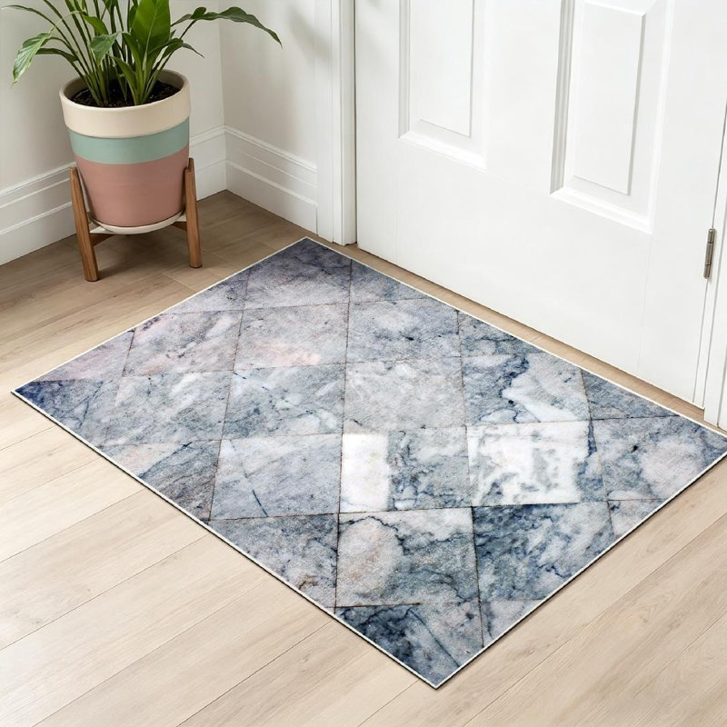 Tapis d'intérieur blanc à motif de carreaux de marbre blanc lavable à la machine Mable, Rectangle 32 po x 47 po