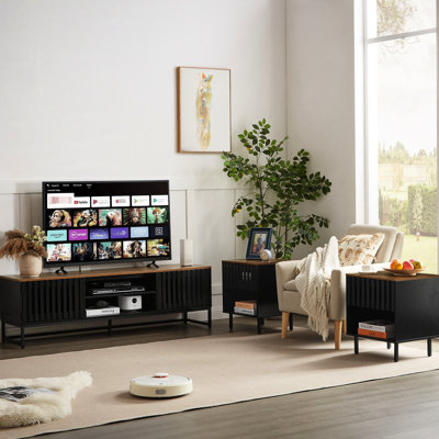 Meuble télé de 63 po avec de nombreux espaces de rangement, portes rayées noires, matériau, 4 tablettes, pour le divertissement à domicile, peut accueillir un espace de rangement généreux jusqu'à 60 po, idéal pour le salon et la chambre à coucher, la télévision