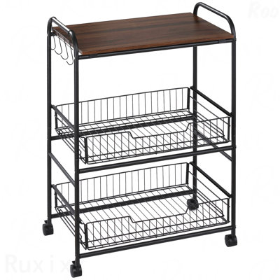 Walnut 3 Tier Rolling Kitchen Cart with Storage - 2 Sliding Fruit Basket, Microwave Cart, Side Hooks, for Dining Room