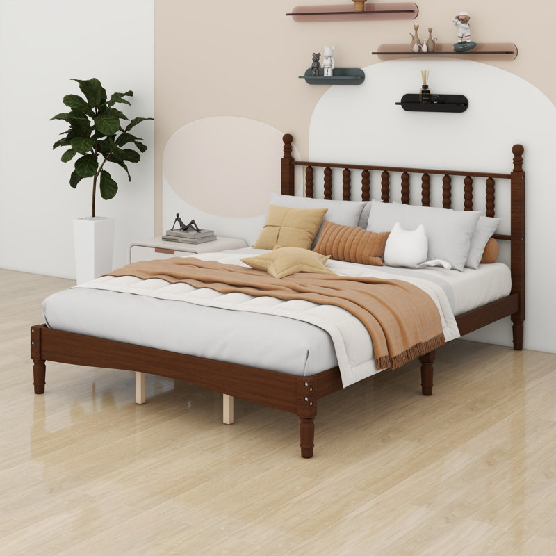 Lit plateforme en bois avec tête de lit en forme de gourde, lit plateforme de style rétro, Noyer