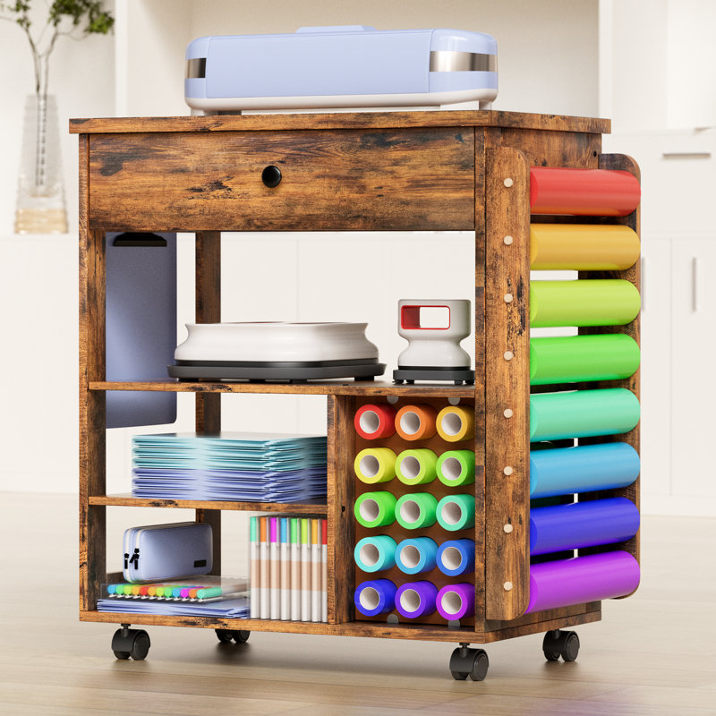Craft Table Craft Cart Cricut Machine Crafting Cabinet Table for Craft Room, Brown/Black