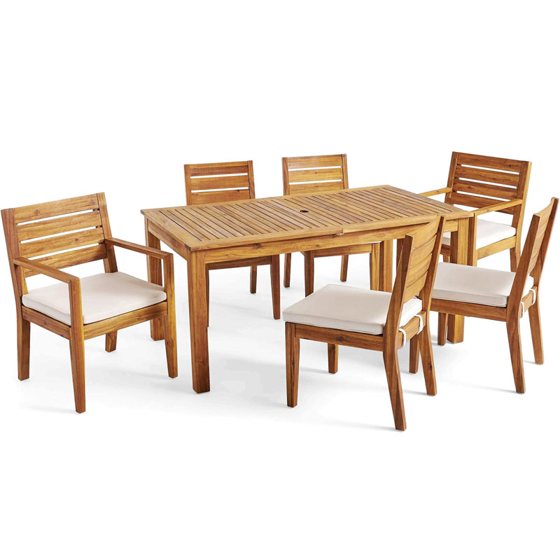 Ensemble de salle à manger d'extérieur en bois d'acacia extensible 6 places avec coussins, sablé naturel et beige
