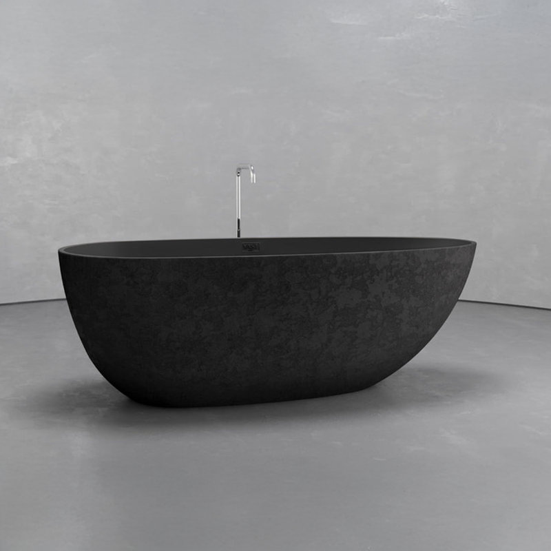 Vast Studio Textured Grey Concrete Metallic Freestanding Oval Bathtub – Gray/White  Solid Surface Deep Soaking Tub with Dual-Tone Interior & Exterior, Sculpted Modern Luxury Finish
