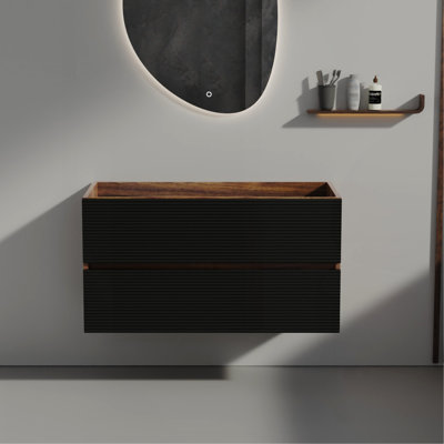 Meuble-lavabo mural en noyer de 36 po Grace avec tiroirs noirs doux SANS lavabo, armoire de salle de bain flottante murale pour salle de bain moderne, KD