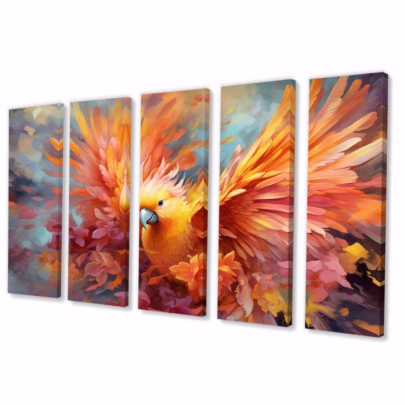Perroquet tropical I - animaux, art mural salon - 5 panneaux égaux