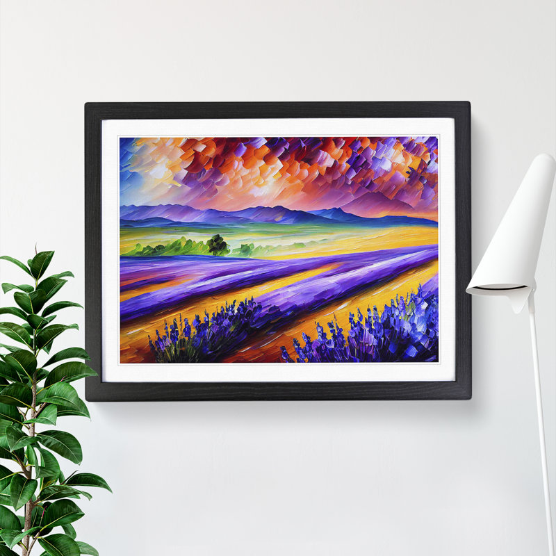 Striking Lavender Flower Field Abstract - Single Picture Frame Painting, Black, 46cm H x 64cm W x 2cm D