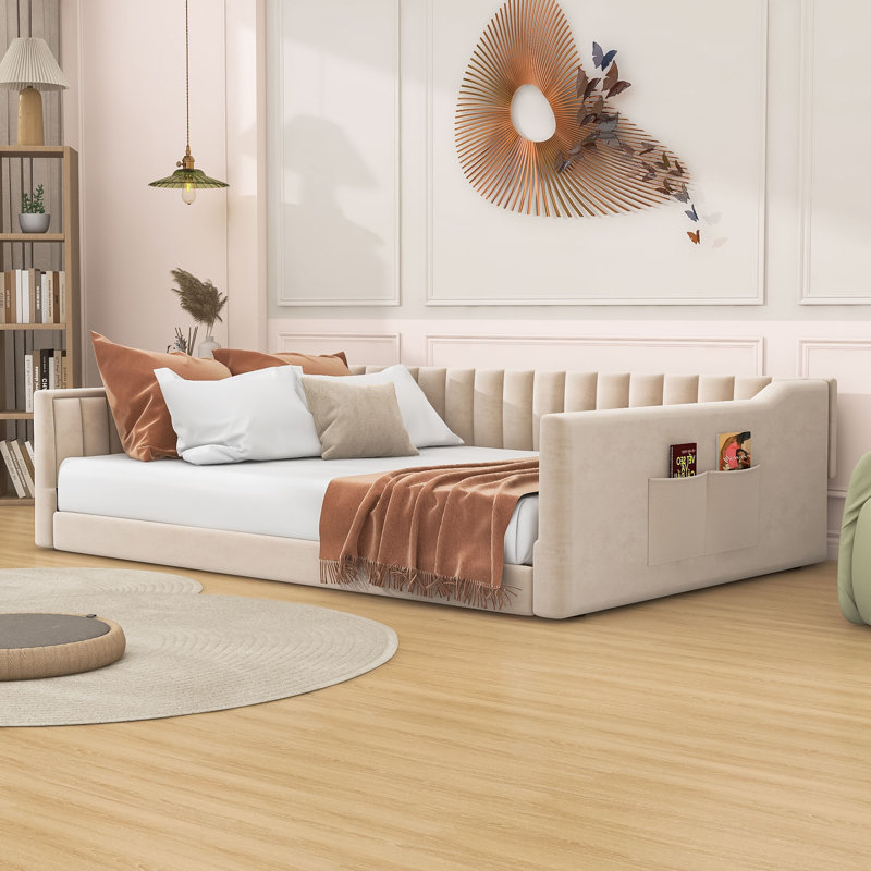 Ensley Upholstered Daybed with Vertical Stripe Design and No Box Spring Required, Full XL, Beige