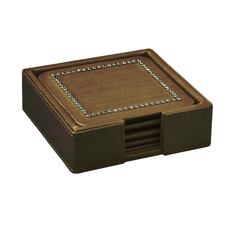 Silk Coaster Set in Holder with Crystals, Bronze