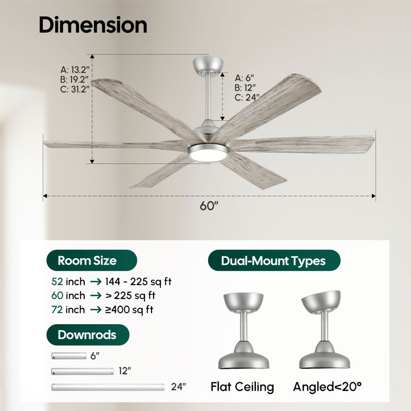 60/72 Inch 6-blade Modern Solid Wood Ceiling Fan With Light And Remote, High Cfm Large Airflow Ceiling Fan, Quiet Reversible Dc Motor, Indoor Outdoor Fan For Porch Gazebo Living Room Kitchen Garage