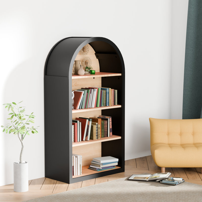 4 tablettes arquées noires, 43 po de hauteur, capacité de rangement, conception élégante, robuste, première bibliothèque, 43,59 po de hauteur, tablettes, mélange rétro et moderne, coffre-fort stable