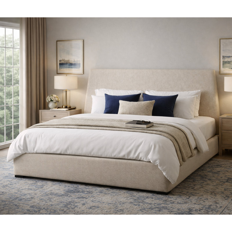 Lit plateforme tapissier avec rangement à hauteur relevable hydraulique 51,5 po Gerhart Luxlury, Très grand, Beige