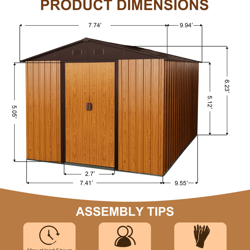 Remise de rangement en métal 8 pi x 10 pi avec base, structure en fer galvanisé café, évents perforés pour la ventilation, porte coulissante cadenassable, remise extérieure facile à assembler, construction robuste, intégrée