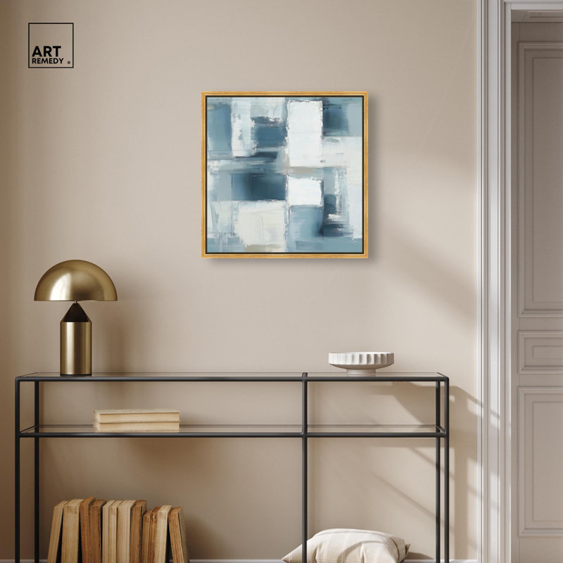 Art abstrait bleu déconstruit par I , H 21 po x l 21 po, Cadre flottant doré