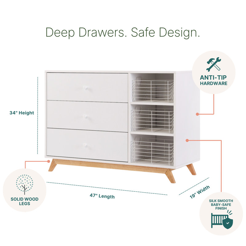 dadada Central Park 3-Drawer Dresser with Open Shelving - White/Natural, White/Natural