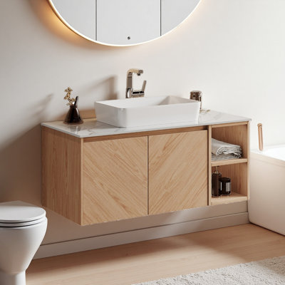 Meuble-lavabo moderne en bois naturel 36 po, meuble-lavabo flottant simple avec lavabo, plateau en pierre frittée, armoire et tablette