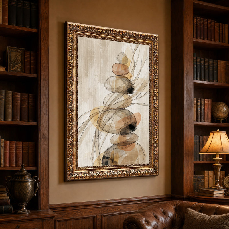 Tableau abstrait de pierres empilées dans des tons terreux sur toile, H 24 po x l 16 po
