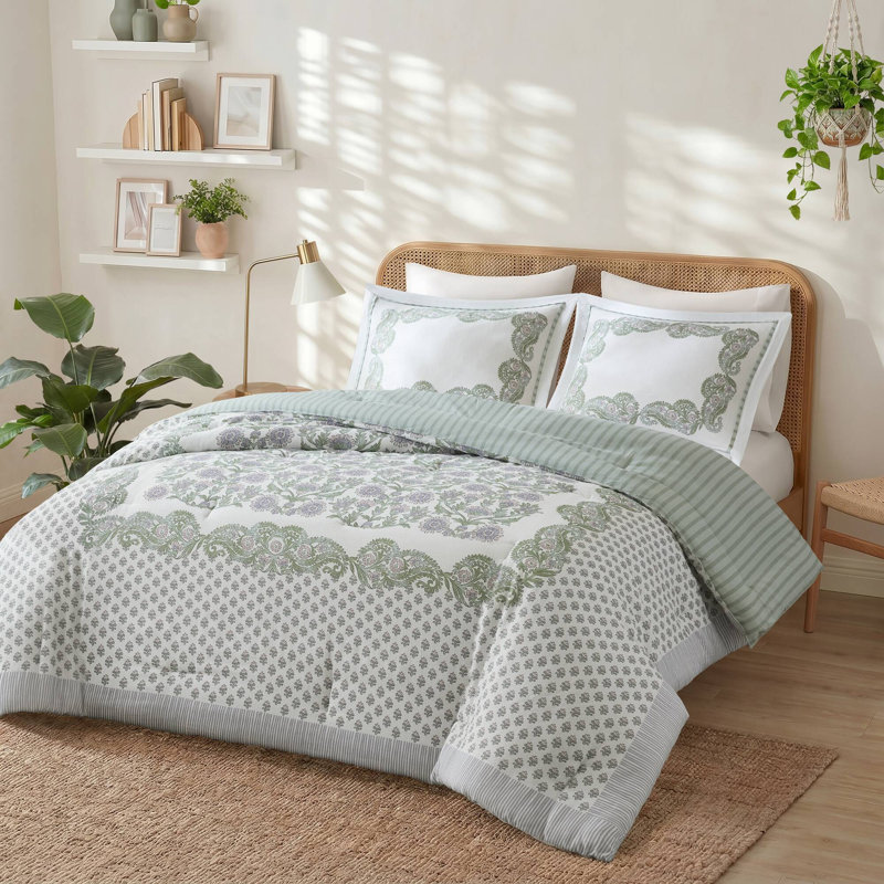 Bedding Sets Full Comforter, Cotton Rich Sage Floral Reversible
