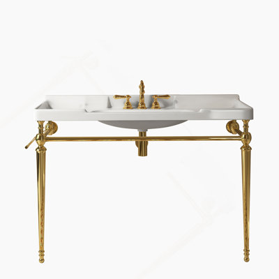 Bathroom Console Sink, Wall-Mounted Ceramic Vanity Basin With 3 Pre-Drilled Faucet Holes, Freestanding Stainless Steel Support Legs With Towel Bar