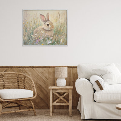 Soft Color Rabbit in Meadow Framed Giclee, design by Petal Prints Design