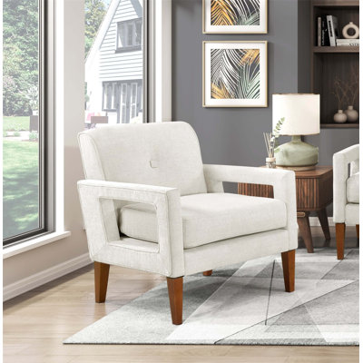 Fauteuil de salon moderne avec revêtement en chenille beige, ressorts ensachés et pieds en bois massif pour plus de confort et de style