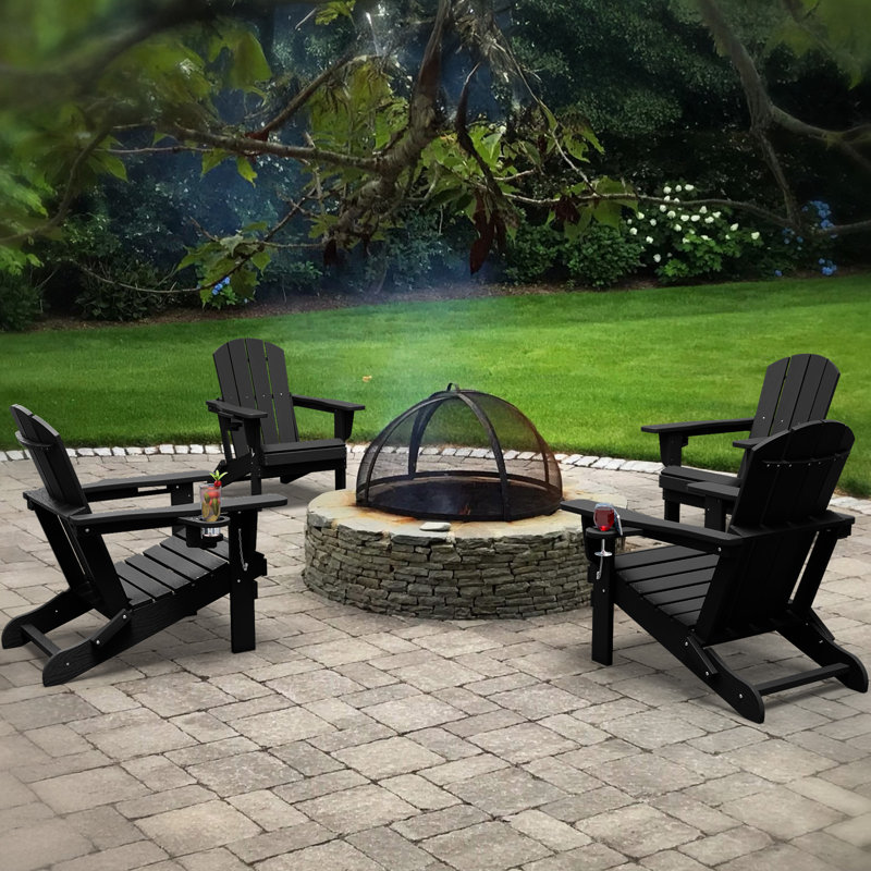 Wolak High Density Polyethylene Folding Adirondack Chair With Double Cup Holder(Set Of 4), Black